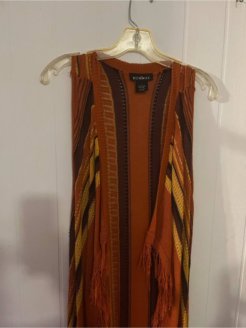 Runway Women’s Rust Orange Striped Fringe Knit Cardigan Vest